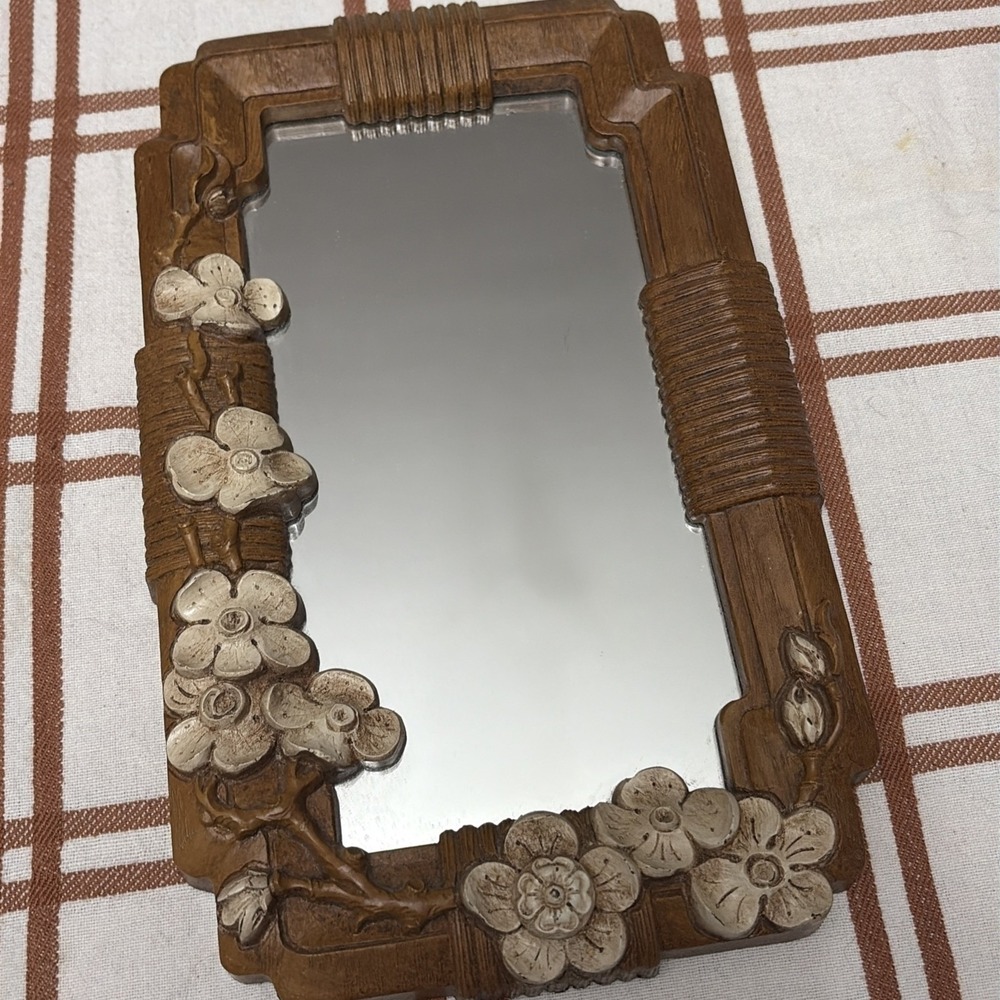 Vintage Homco Dogwood Flower 2403 Wall Accent Mirror Plastic Wicker Look 3D